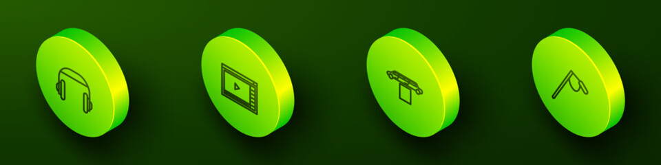 Set Isometric line Headphones, Online play video, Limousine car and carpet and Microphone icon. Vector