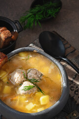 Soup with meatballs, potatoes and vermicelli. Meatballs in thick vegetable soup Albondigas. Mexican and Spanish, European and Russian cuisine