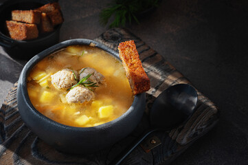 Soup with meatballs, potatoes and vermicelli. Meatballs in thick vegetable soup Albondigas. Mexican and Spanish, European and Russian cuisine