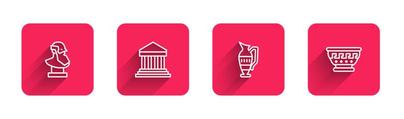Set line Ancient bust sculpture, Parthenon, amphorae and Greek ancient bowl with long shadow. Red square button. Vector