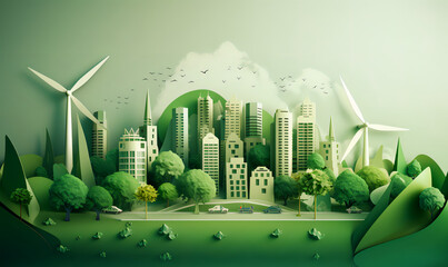 Image of a green leaf created in the paper art style, surrounded by silhouettes of trees, city buildings, windmills, and solar panels. Generative IA - obrazy, fototapety, plakaty
