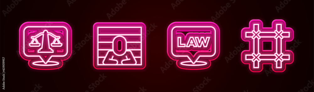 Sticker set line scales of justice, prisoner, location law and window. glowing neon icon. vector