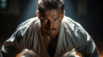 Fototapeta premium The face of a martial artist who captures the essence of devotion and mastery while practicing kata at the dojo.