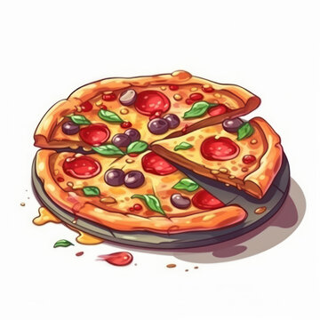 A cartoon illustration of a pizza. Generative AI.