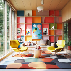 the colourful background and room