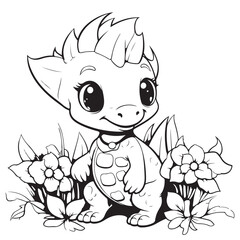 Fototapeta premium Cute cartoon dragon or dinosaur. Black and white vector illustration for coloring book