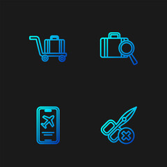 Set line No scissors, Mobile with ticket, Trolley baggage and Lost. Gradient color icons. Vector