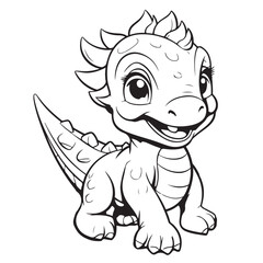 Cute cartoon dragon or dinosaur. Black and white vector illustration for coloring book