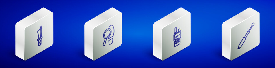 Set Isometric line Military knife, Footsteps, Walkie talkie and Telescopic baton icon. Vector