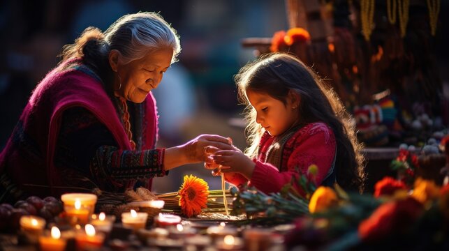 Girl with grandmother make ofrendas with marigold flowers