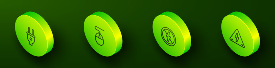 Set Isometric line Electric plug, Computer mouse, No lightning and High voltage icon. Vector
