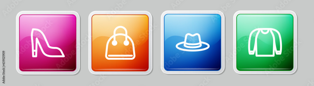 Poster Set line Woman shoe, Handbag, Man hat and Sweater. Colorful square button. Vector