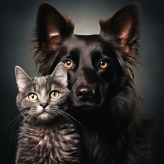 Portrait of a border collie dog and a cat. Studio shot.