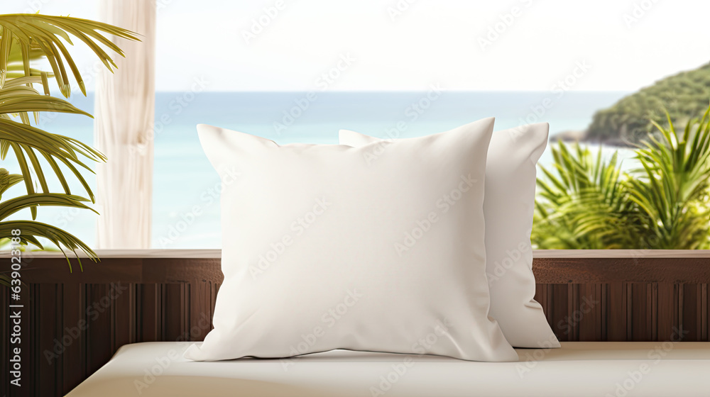 Wall mural pillow on chair or sofa lounge around outdoor patio with sea ocean beach view for travel