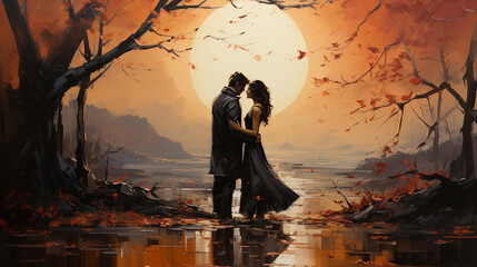 Fototapeta premium lovely couple in a park in autumn or fall season