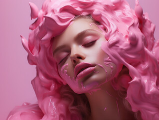 Beauty woman face painted in pink color paint, pink makeup