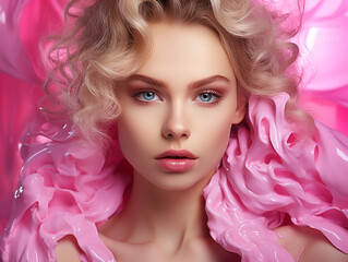 Beauty woman face painted in pink color paint, pink makeup