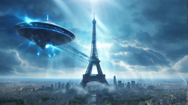 Eiffel Tower being attacked by a flying saucer. Sky with several rays in shades of blue. Image showing devastated city in the background. 4k