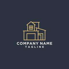 REAL ESTATE HOME BUILDING LOGO DESIGN FOR COMPANY AND BUSINESS GOLD COLOR BLUE BACKGROUND