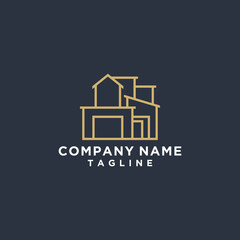 REAL ESTATE HOME BUILDING LOGO DESIGN FOR COMPANY AND BUSINESS GOLD COLOR BLUE BACKGROUND