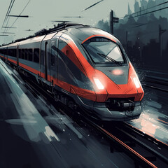Naklejka premium Cartoon illustration of a high speed train. Generative AI.