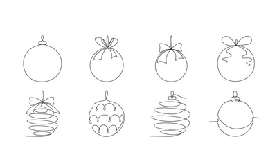 Christmas ball set ,continues one single line hand drawing sketch. Vector stock illustration isolated on white background for design template winter holiday banner, card, invitation. Editable stroke. 