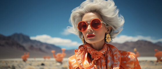 editorial shot of elder woman with orange fashion and great skin - obrazy, fototapety, plakaty