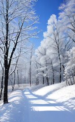 A serene winter landscape with a snow-covered forest.
