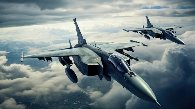 Supersonic Fighter Jets Flying Over Cloudy Landscape AI Generated