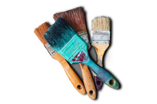 Old four artist brushes on a transparent and white background. PNG. View from above.