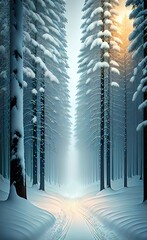 A serene winter landscape with a snow-covered forest.