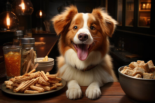 Showcases a happy dog in front of a bowl of croquettes, portraying the joy and satisfaction of mealtime for our furry friends. Generative Ai.