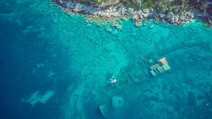 Aerial image of sunken ship Boka, on the Mokalo beach near the town of Orebic at the Peljesac...