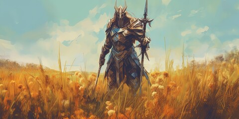 Ancient warrior with the magic spear standing in the meadow, digital art style, illustration painting