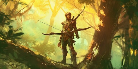 Archer standing on a tree in the fantasy forest, digital art style, illustration painting - obrazy, fototapety, plakaty