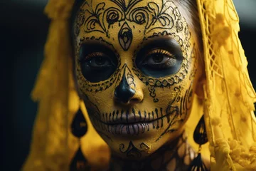 Gordijnen Woman yellow carnival mask in style of Santa muerte © GraphiteCat