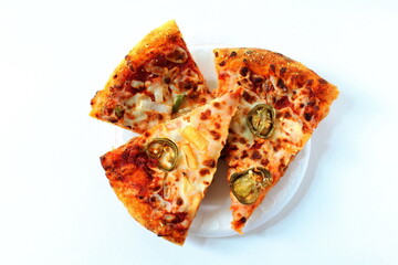 fresh tasty pizza slice with various types topping on white background,top view 