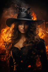 Fototapeta premium Beautiful woman in a hat as a witch on halloween