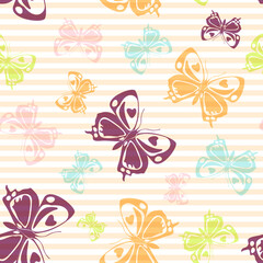 Flying butterfly silhouettes over striped background vector seamless pattern.