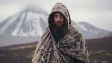 Full body of young bearded male traveler wearing hooded poncho looking away while walking on chimborazo volcano ecuador against overcast sky during winter vacation