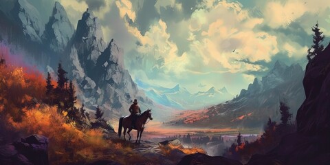 Beautiful scenery showing a man riding a horse against a stunning landscape, digital art style, illustration painting