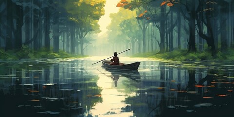 Boy rowing a boat in a river through the forest, digital art style, illustration painting