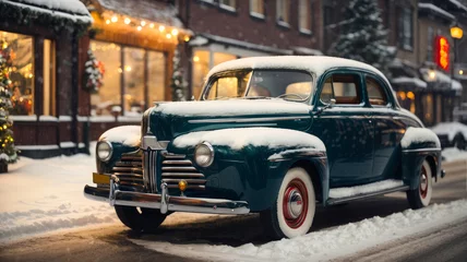 Zelfklevend Fotobehang old car in the Christmas street © Maksym