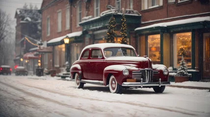 Foto op Canvas old car in the Christmas street © Maksym