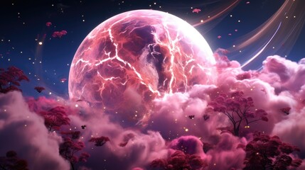 a beautiful cosmic landscape with a pink planet in pink clouds. Pink doll planet. Pink puppet style, in outer space, pink doll  universe