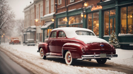 Fototapeta na wymiar old car in the Christmas street