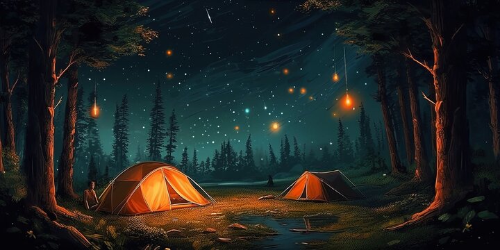 Camping in forest at night with stars and fireflies, illustration, digital painting