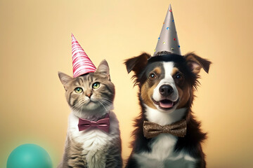 Adorable cat and dog wearing hilarious party clothes, striking a pose in front of a vibrant and colorful background - a whimsical duo ready to liven up any celebration.