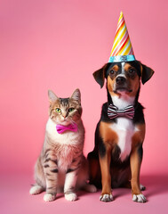 A delightful cat and dog dressed in comical party clothes, standing playfully against a backdrop bursting with vibrant colors, creating a whimsical and cheerful scene that is sure to bring smiles. - 639027584