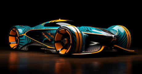 Elegant and luxurious design of futuristic sports car. Colorful design of dark cyan and orange colors. Generative AI.